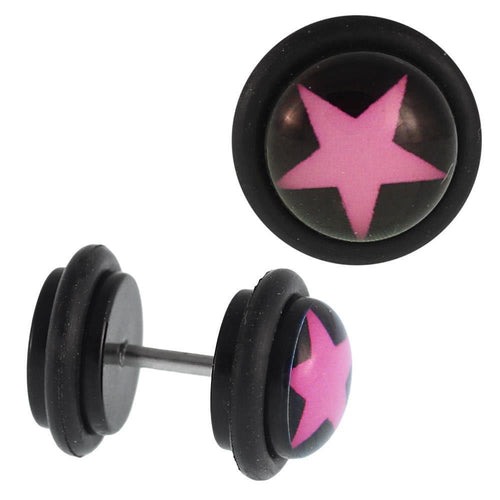Fake Piercing Plug Stern rosa schwarz Gummiring 7 mm - chic - net.de