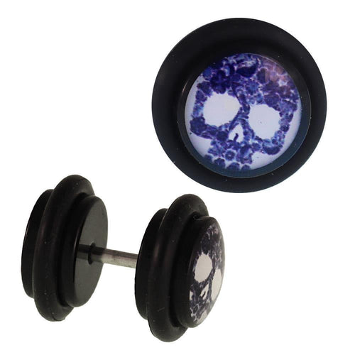 Fake Piercing Plug Totenkopf Blumen lila blau Augen groß weiß Acryl Gummiring 7 mm - chic - net.de