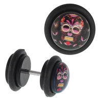 Load image into Gallery viewer, Fake Piercing Plug Totenkopf bunt schwarz Gummiring 7 mm - chic - net.de
