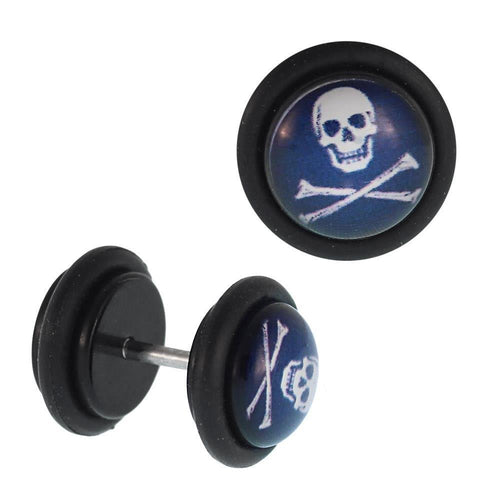 Fake Piercing Plug Totenkopf weiß Knochen überkreuzt Gummiring 7 mm - chic - net.de