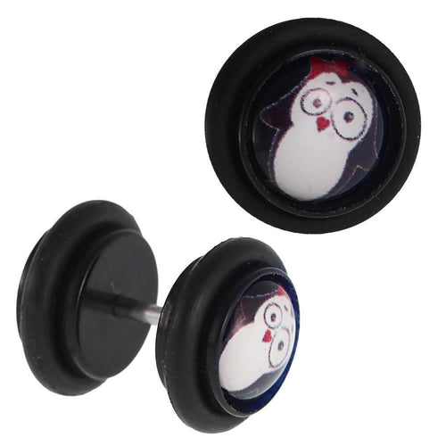 Fake Piercing Plug Tunnel Pinguin große Augen rote Schleife schwarz Gummiring 7 mm - chic - net.de