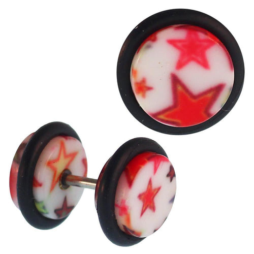 Fake Piercing Plug weiß bunte Sterne mit Rand Gummiring 7 mm - chic - net.de