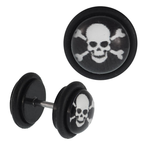 Fake Piercing Plug weißer Totenkopf mit Knochen überkreuzt Acryl Gummiring 7 mm - chic - net.de
