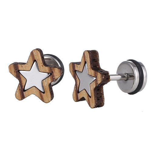 Fake Piercing silberner Stern heller Holzrahmen Schaubverschluss Edelstahl - chic - net.de