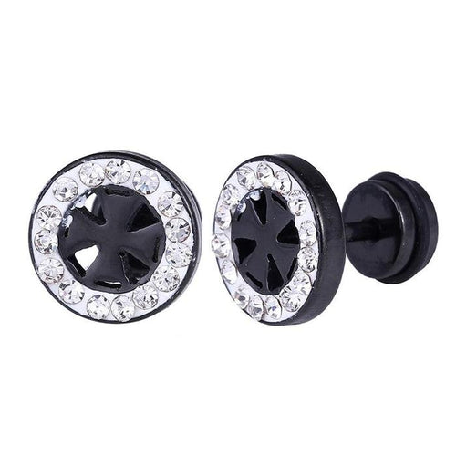 Fake Plug Piercing Edelstahl schwarz Rand Zirkonia Steine Kreuz mittig - chic - net.de