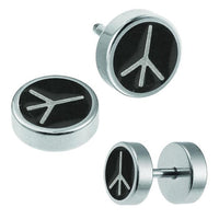 Load image into Gallery viewer, Fake Plug Piercing Edelstahl schwarz silber Peace 8 mm rund Ohrstecker - chic - net.de
