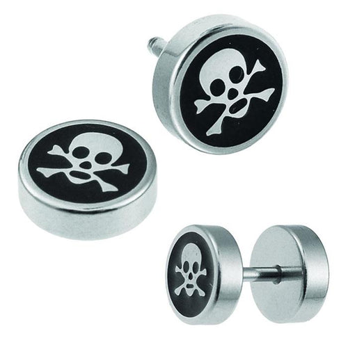Fake Plug Piercing Edelstahl schwarz silber Totenkopf 8 mm rund Ohrstecker - chic - net.de