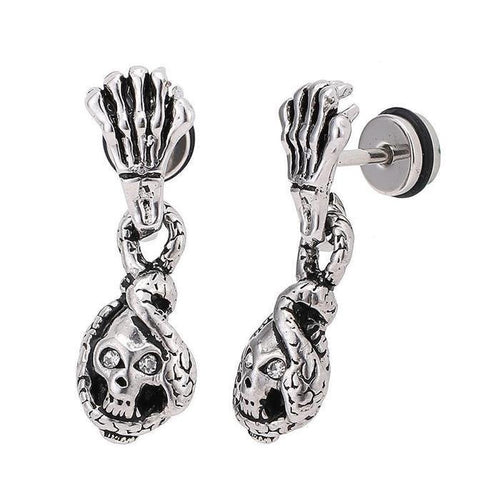 Fake Plug Piercing Edelstahl Skelett Hand Totenkopf mit Schlange Schraubverschluss - chic - net.de