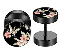 Load image into Gallery viewer, Fake Piercing Ohrring Edelstahl rosa Blüte schwarz silber

