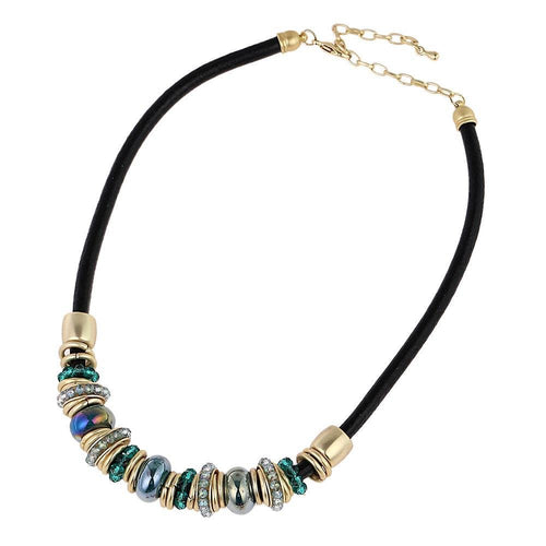 Glitzer Messing Kette golden schwarz türkis Perlenringe Leder 41,5 - 49,5cm Karabiner - chic - net.de