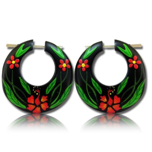 Holz Pin Ohrringe 38 mm breit Hawaii Blumen rot grün Creolen Horn schwarz handgeschnitzt handbemalt - chic - net.de