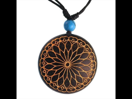 Holzkette golden Mandalablume Türkis Stein Sonoholz Baumwolle unisex verstellbar - chic - net.de