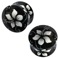 Load image into Gallery viewer, Holz Plug Hawaii Blume weiß schwarz Teakholz handbemalt
