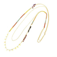 Cargar imagen en el visor de la galería, Kette 18 karat vergoldet Faden Regenbogen Plättchen Stein Perlen nickelfrei Karabiner lang zweilagig - chic - net.de
