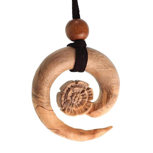 Kette Holz verzweigte Spirale Blume Anhänger hellbraun gestreift Lederband verstellbar Holzperle - chic - net.de