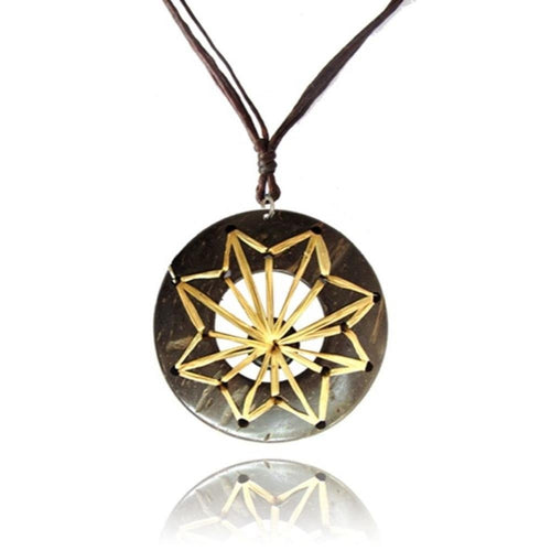 Kette Kokos Holz Kreis Anhänger mit hellem Bast Sternform mit verstellbarer Bauwollkette - chic - net.de