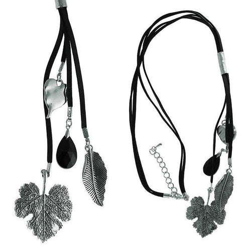 Kette Lederbänder schwarz Anhänger Messing Blatt Feder Herz Zirkonia Stein 68 - 74 cm - chic - net.de