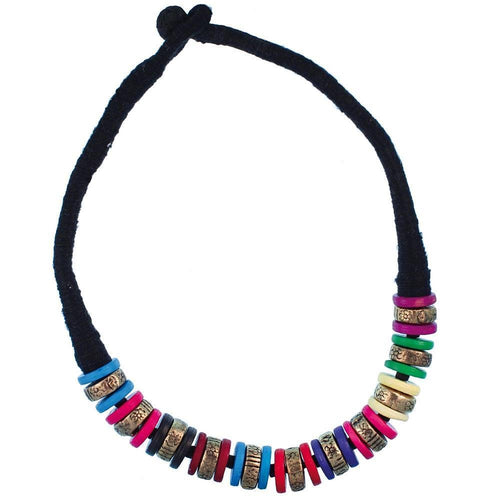 Kette Messing Holz Scheiben bunt gold Blumen Seidenfaden nickelfrei 46 cm antik Tribal Brass - chic - net.de