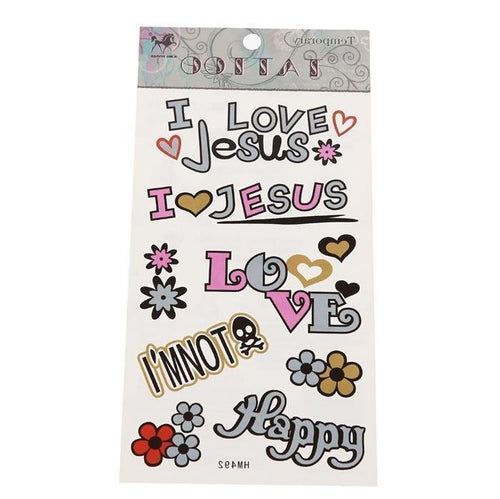 Klebetattoo Tattoos Jesus Love Happy not Poison bunt grau Blümchen 1 Bogen - chic - net.de