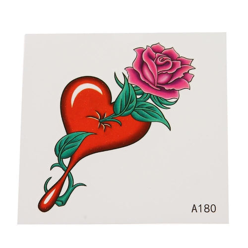 Klebetattoo temporär Rose pink Steil Blätter grün Herz Tropfen 1 Bogen - chic - net.de