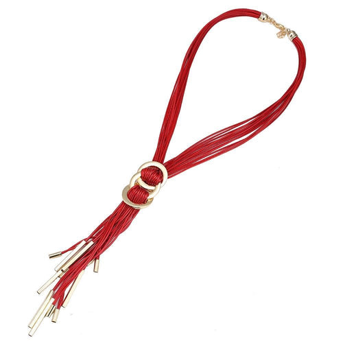 Lange Lederband Kette Fäden rot goldfarben Brass Ringe ca 50 cm lang Edelstahl verstellbar - chic - net.de