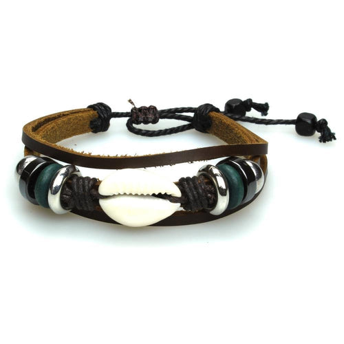 Lederarmband Kauri Muschel dreilagig Surfer Band Holz Brass verstellbar Leder nickelfrei - chic - net.de