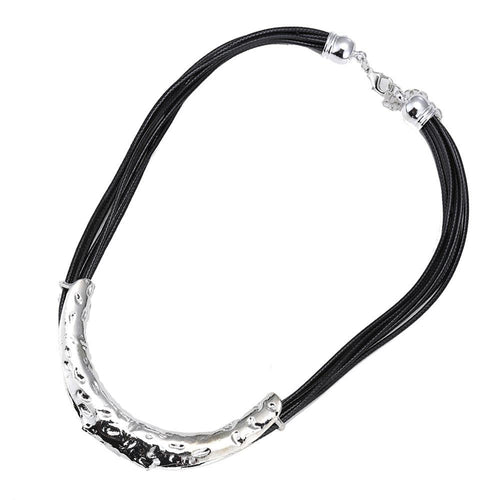 Lederband Kette Fäden schwarz silberfarben Brass Edelstahl verstellbar ca 21 cm lang - chic - net.de
