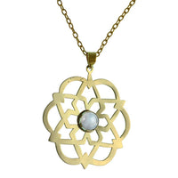 Load image into Gallery viewer, Messing Anhänger golden Mondstein Stein Inlay rund Stern Blume Blüte Muster antik - chic - net.de
