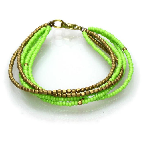 Messing Armband mehrlagig golden eckig hellgrün nickelfrei Perlen antik Tribal 17,8 cm Karabiner - chic - net.de