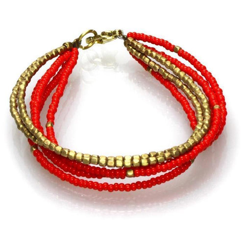 Messing Armband mehrlagig golden eckig rot nickelfrei Perlen antik Tribal 17,8 cm Karabiner - chic - net.de