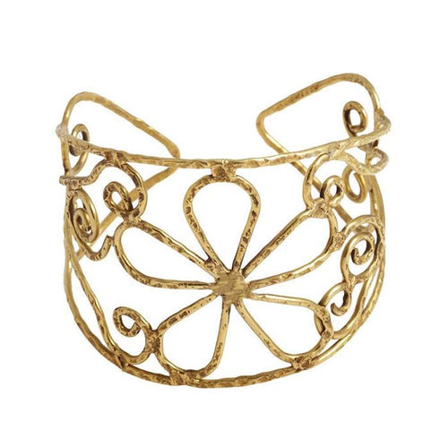 Messing Armreif antik golden filigran gehämmert Herz Blume groß 50mm breit - chic - net.de