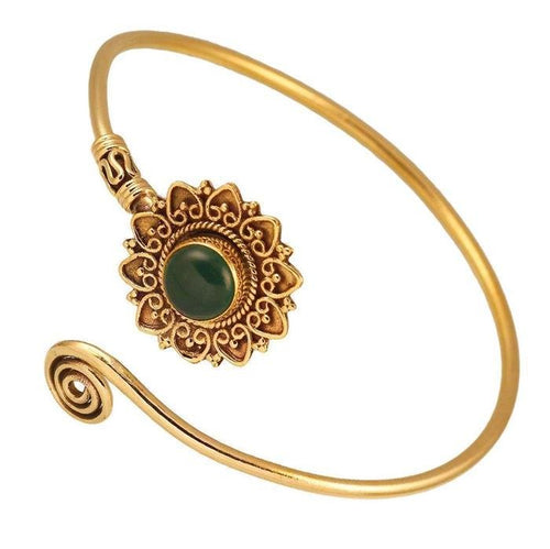 Messing Armreif antik golden grüner Onyx rund Maserung Schnörkel Herzen verstellbar antik Tribal Schmuck - chic - net.de