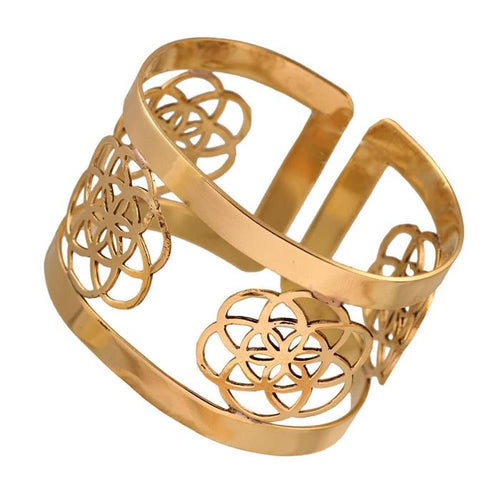 Messing Armreif antik golden rund Blume des Lebens verstellbar Tribal Schmuck - chic - net.de