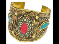 Load image into Gallery viewer, Messing Armreif gold Raute Mandel Seile Türkis Jaspis breit nickelfrei verstellbar antik Tribal - chic - net.de
