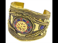 Load image into Gallery viewer, Messing Armreif gold Raute Stern Lapis Jaspis breit nickelfrei verstellbar Perlen antik Tribal - chic - net.de
