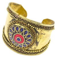 Load image into Gallery viewer, Messing Armreif gold Raute Wellen blau Lapis rot Jaspis Stein breit nickelfrei verstellbar antik - chic - net.de
