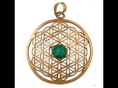Messing Brass Tribal Anhänger Blume des Lebens Türkis antik golden Kette Damen - chic - net.de