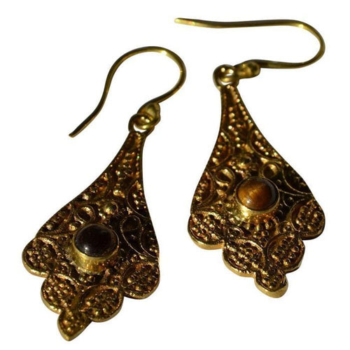 Messing Ohrringe Tigerauge Stein braun gold lang wellig - chic - net.de