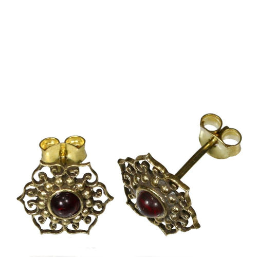 Messing Ohrstecker antik golden Rubin rot Inlay Blume Punkte Kreis Schnörkel - chic - net.de