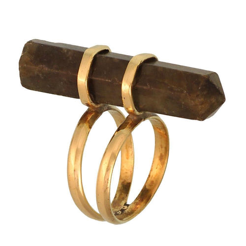 Messing Ring golden Edelstein grauer Mondstein Maserung Stiftform glatt geschliffen antik - chic - net.de