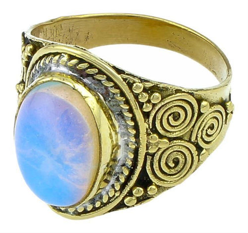 Messing Ringe Mondstein oval Bögen Seile breit weiß antik golden nickelfrei Tribal Schmuck Stein gold - chic - net.de