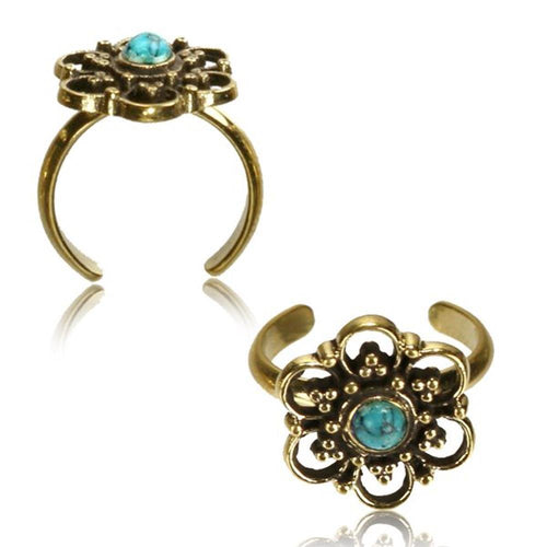 Messing Zehenring Türkis Blume golden antik verstellbar nickelfrei - chic - net.de