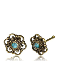 Cargar imagen en el visor de la galería, Gerader Nasenstecker (oder Tragus) Türkis golden Blümchen Brass 8 mm lang
