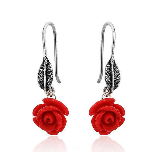 Ohrhänger Stein 925er Sterling Silber Rose Resin Kunstharz rot Blatt dunkel oxidiert - chic - net.de