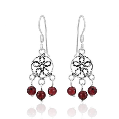 Ohrhänger Stein Perle dunkelrot 925er Sterling Silber Katzenauge Blume gedreht - chic - net.de