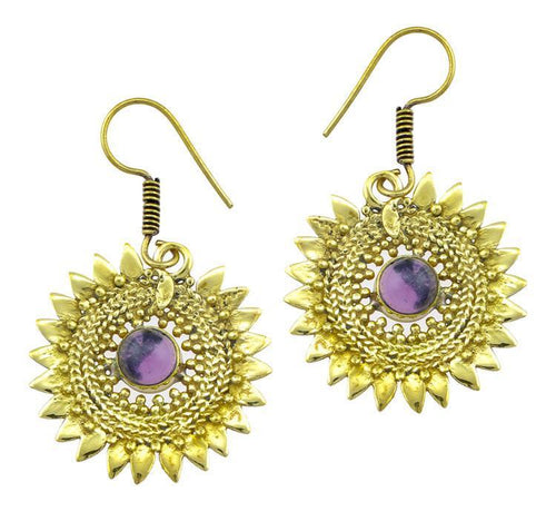 Ohrringe Amethyst Stein Zopf Blätter Punkte Dreiecke Messing Ohrhänger lila nickelfrei antik Tribal - chic - net.de