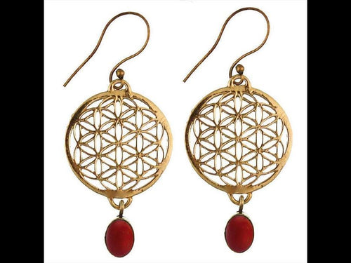 Ohrringe Blume des Lebens rund Granat rot Stein Messing antik golden nickelfrei Tribal Brass - chic - net.de
