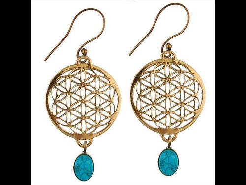 Ohrringe Blume des Lebens rund Türkis Stein Messing antik golden nickelfrei Tribal Brass - chic - net.de