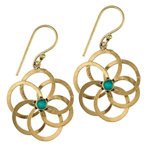 Ohrringe Blume glänzend spiralig Türkis Messing antik golden Tribal Ohrhänger nickelfrei - chic - net.de