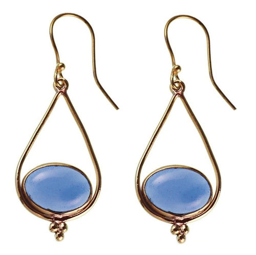 Ohrringe Chalzedon blau oval Tropfen Dreieck Punkte Messing antik golden Ohrhänger - chic - net.de